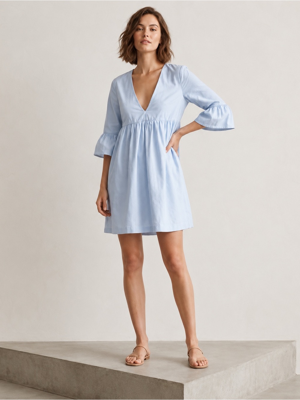 Sunday Best Pale Blue V-Neck Babydoll Dress with Ruffle Sleeves - Aritzia